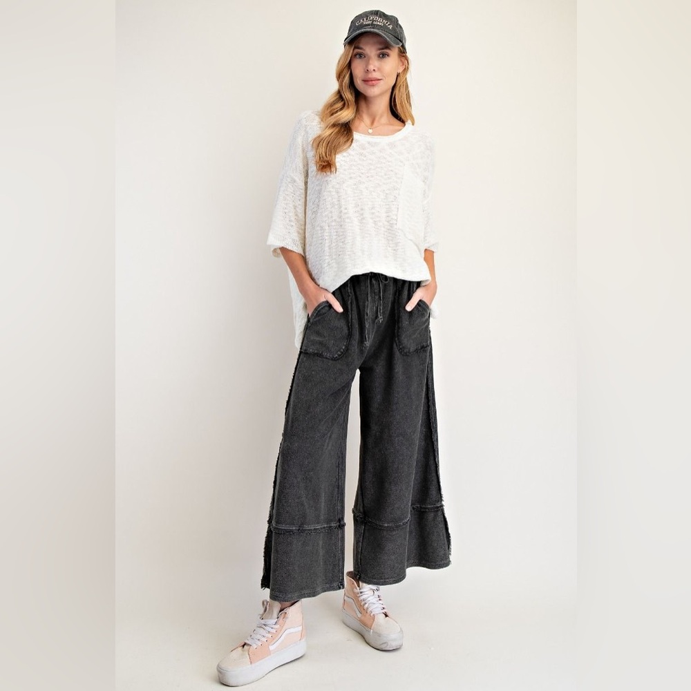 EASEL BLACK MINERAL WASHED TERRY PALAZZO PANTS SML NWT